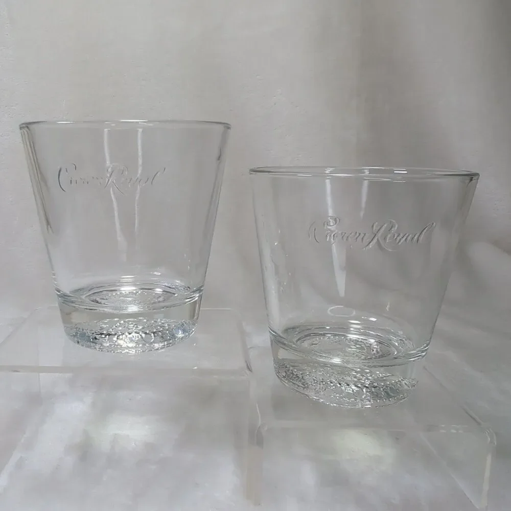 Crown Royal Whiskey Drinking Glass Set of 2 Embossed Logo Round Rocks Lowball